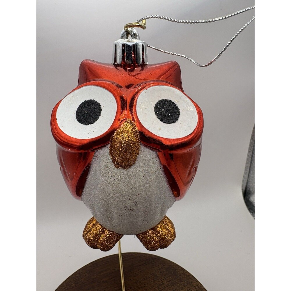 owl christmas ornament MCM Glitter Red Kitschy 3.75”
